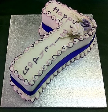 Round birthday cake with blue and white piping