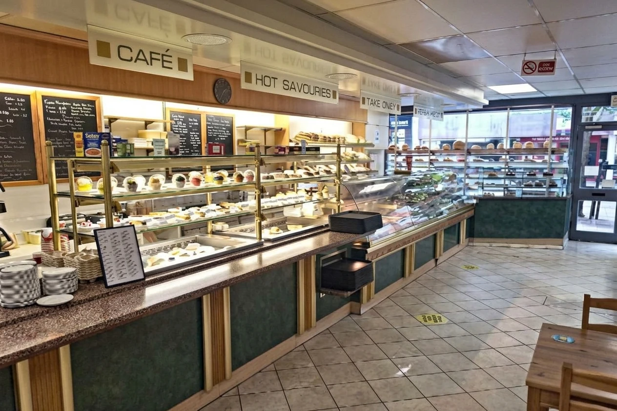 A wide view of Heils Bakery’s café counter and display cases filled with fresh food